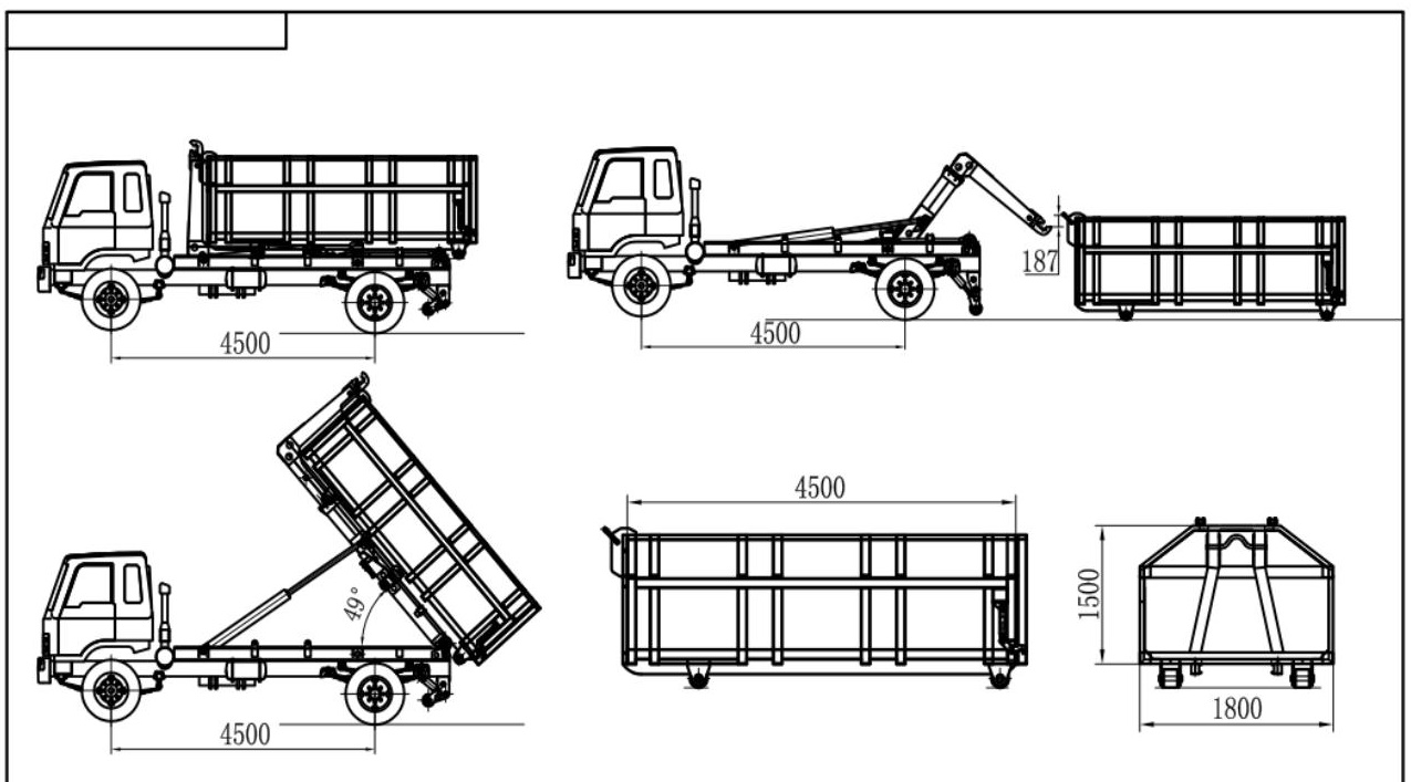Drawing of Hook Lifting Garbage Truck 12m3